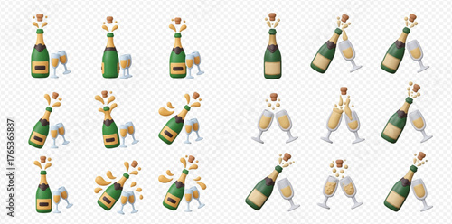 Collection of 3D rendered champagne bottles and glasses in various celebratory poses with popping corks and clinking flutes.