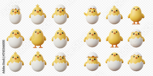 A collection of cute yellow chicks emerging from cracked eggs, rendered in 3D.