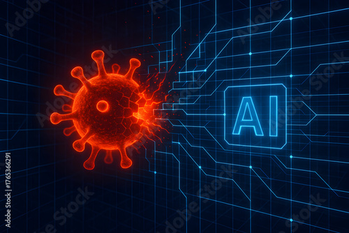 AI vs. Virus: Conceptual depiction of a virulent virus colliding with a powerful Artificial Intelligence system, representing the ongoing battle against infectious diseases. 