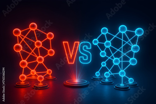 Neural Networks Showdown: A striking visual representation of two opposing neural networks, each illuminated in vibrant colors against a dark backdrop, symbolizing the core of AI competition.