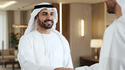 Two men, in traditional dress, shaking hands and smiling, in a modern, well-lit room