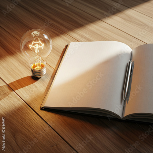 A well-lit incandescent light bulb and an open notebook with a pen rest on a wooden surface, symbolizing creativity and new ideas