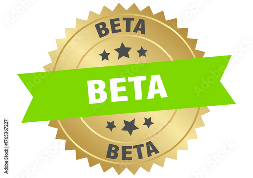 beta. beta round green and gold label isolated on transparent background