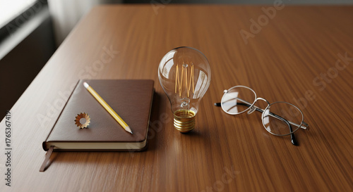 A notebook with a pencil, a vintage light bulb, and eyeglasses on a wooden desk, representing inspiration and learning