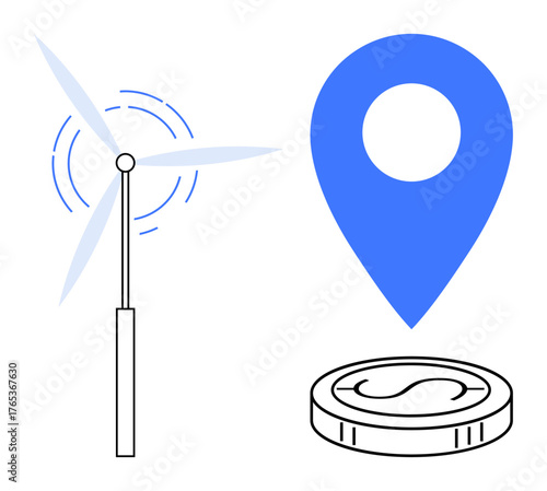Wind turbine generating clean energy, blue geolocation marker, and currency coin representing sustainability, innovation, and financial focus. Ideal for renewable energy, investment, environment