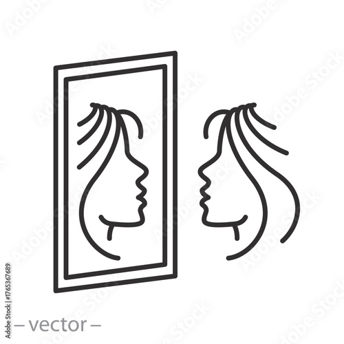 reflection in a mirror icon, confidence, self awareness person, reflect woman face, thin line symbol on white background - editable stroke vector illustration