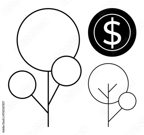 Minimalistic tree design with overlapping circles and bold dollar sign. Ideal for finance, economy, wealth, sustainability, environmental care, investments, and growth-related themes. Simple flat