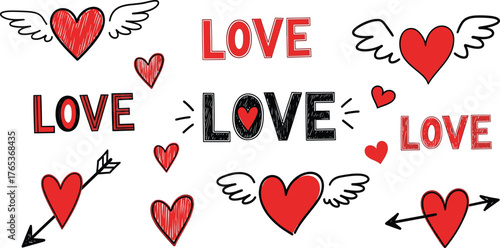 Hand Drawn Hearts with Wings and Arrows and the Word Love Keywords: love, heart, winged heart, arrow, cupid, romance, affection, emotion, symbol, sign, graphic, design, doodle, sketch, hand drawn