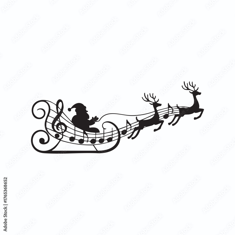 Obraz premium Santa sleigh formed with musical notes, low detail, white background. Design layer should be clean and smooth.
