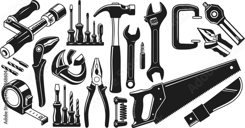 Essential tools for DIY projects and home improvement, perfect for construction, repair, and maintenance tasks in a workshop setting