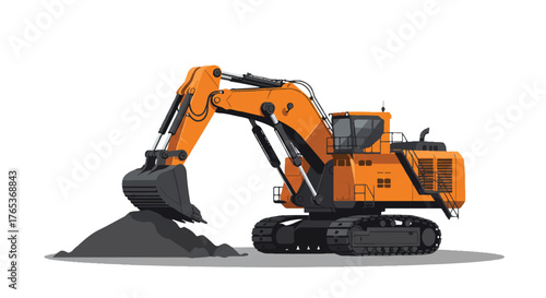 Orange excavator digging into a pile of dirt on a white background