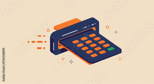 Flat lay illustration of a digital payment terminal with orange buttons on a beige background.