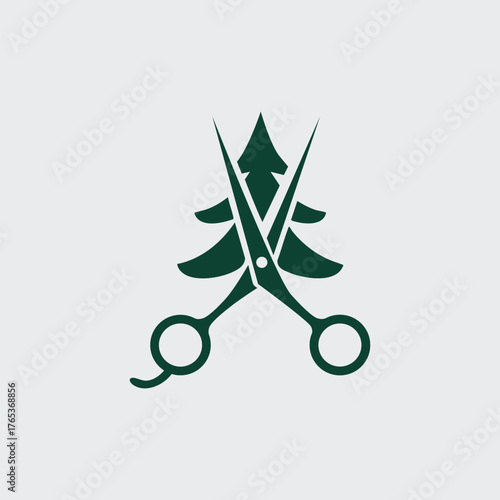 Barber scissors shaped as Christmas tree, flat minimal vector. Design layer should be clean and smooth.
