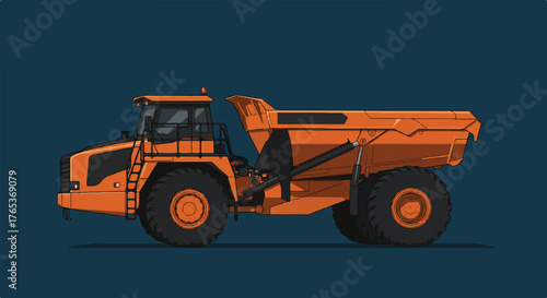 Illustration of an orange mining dump truck on a dark blue background.