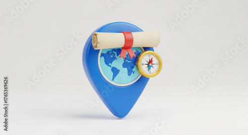 Travel location pin with world map, compass, and scroll for travel and adventure planning concept design