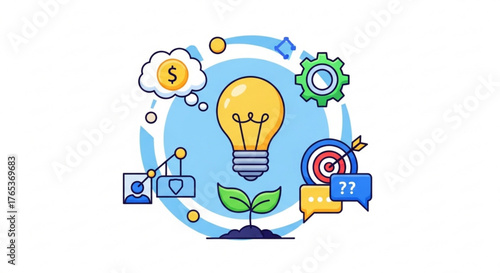 Business idea generation strategy concept with lightbulb target and growth process vector illustration