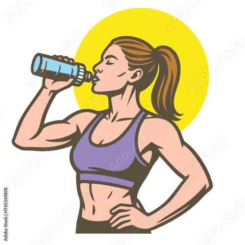 Woman drinking fresh water from bottle.