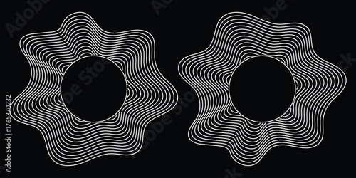 Set of frames with sound waves. Abstract fluid shapes, dotted liquid figures. Digital equalizer.  sound waveform pattern for radio podcasts, music player, video editor, voice message in social media 