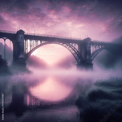 Lavender dawn with misty bridge and soft purple light over calm river.