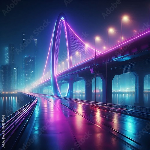 City bridge glowing with purple neon lights reflecting on wet road at night.