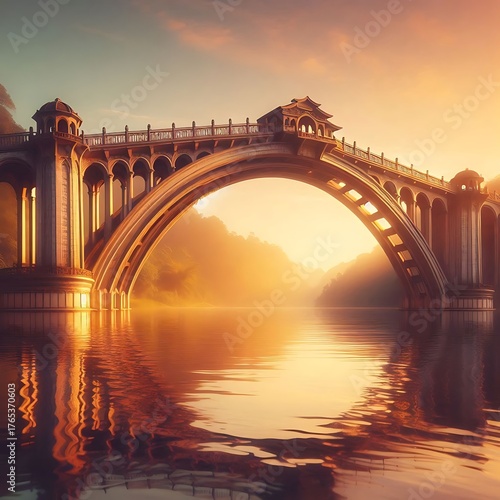 Golden hour light shining on a calm river bridge with warm reflections.