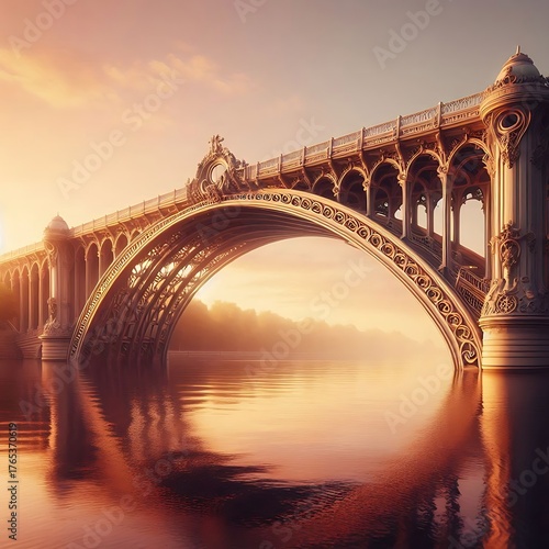 Golden hour light shining on a calm river bridge with warm reflections.