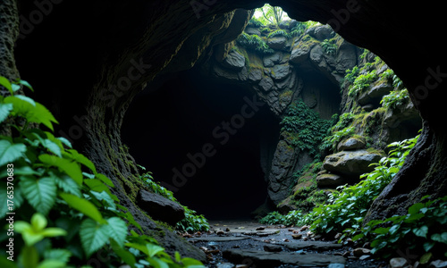 The Threshold to the Unknown: A Dark Cave Entrance Framed by Lush Greenery