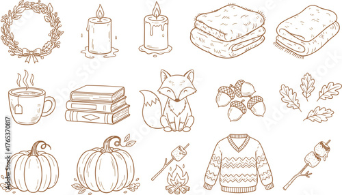 Hand-Drawn Doodle Autumn Fall Cozy Comforts Icon Set