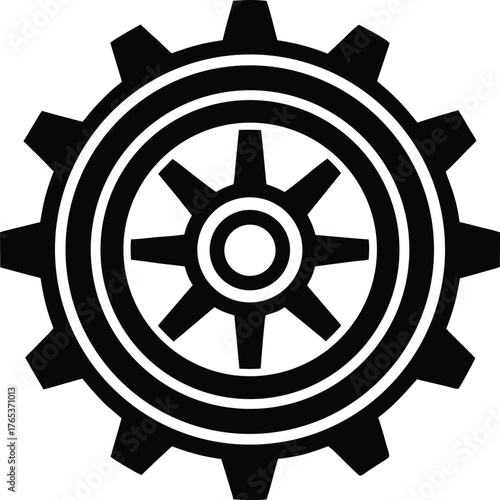 Vector art of black and white illustration of a gear with spokes, isolated on a