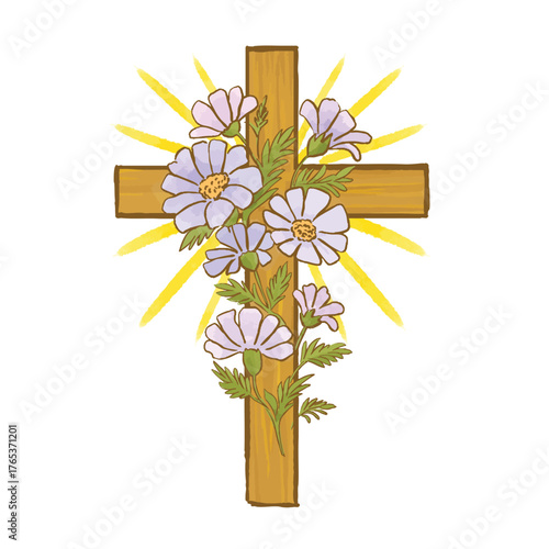 Wooden cross With florals bouquet, Wedding invites, Holy Spirit, Religious illustration.