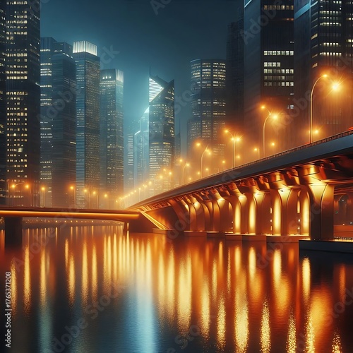 Night city bridge glowing with lights and reflections over calm water.