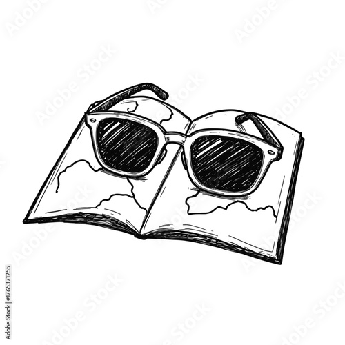 Sunglasses resting on open map, exploration and adventure concept