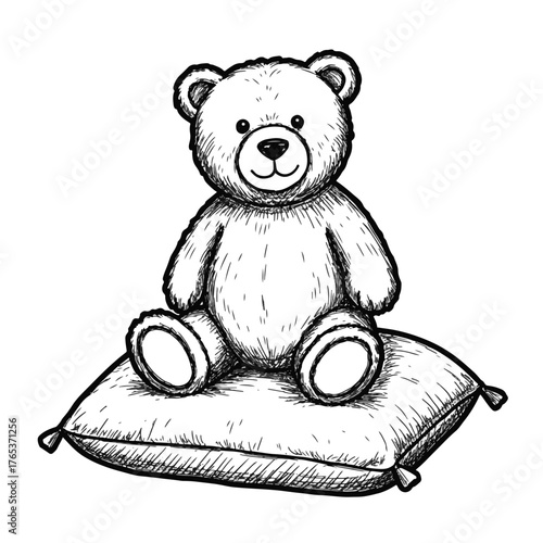 Cute teddy bear sitting on soft pillow, comfort and nostalgia
