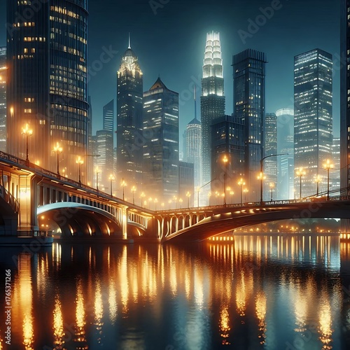 Night city bridge glowing with lights and reflections over calm water.