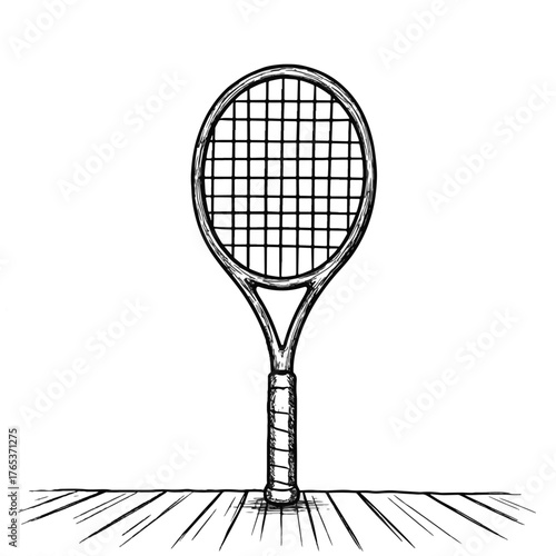 Tennis racket sketch on wooden floor, artistic expression