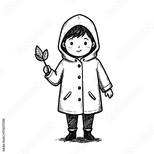 Toddler enjoying a leaf in a raincoat, playful innocence
