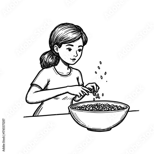 Woman preparing beans in bowl, culinary tradition