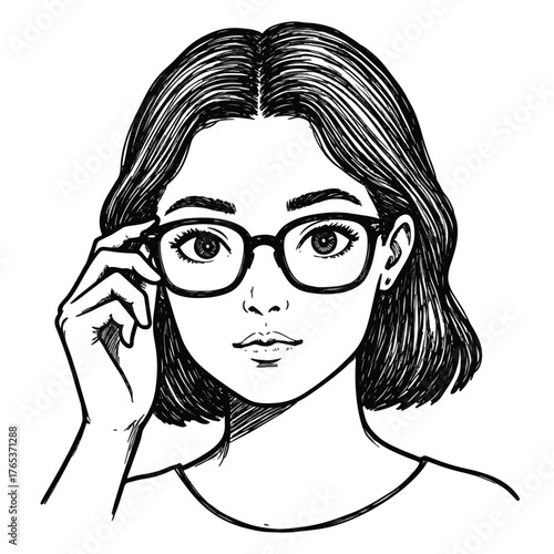 Woman adjusting glasses with focus, sketch style illustration