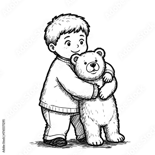 Boy joyfully hugging teddy bear at night, comfort and warmth