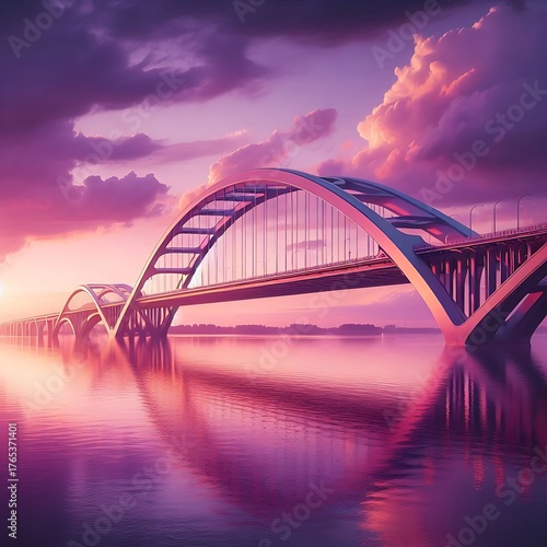Bridge over calm river under purple sunset sky with soft glowing reflections.