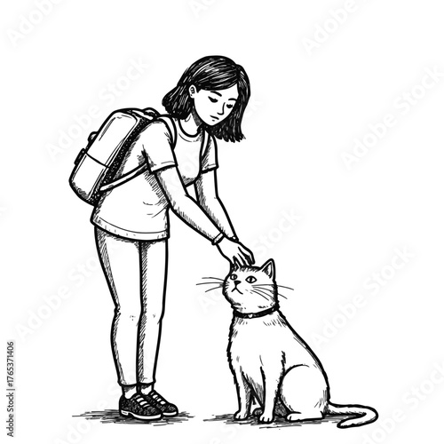 Woman petting a stray cat on street, kindness and compassion