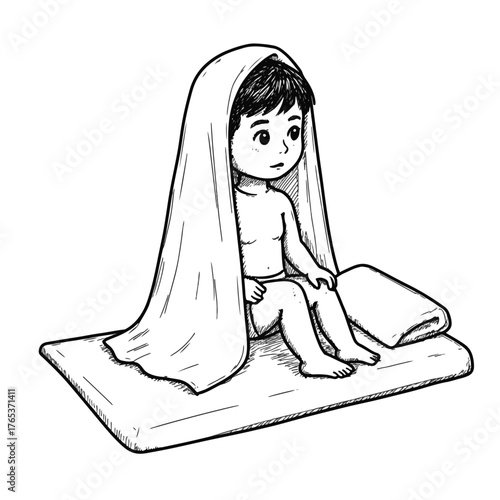 Curious toddler sitting under towel on bed, innocent exploration