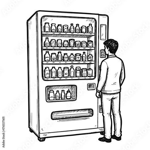 Man contemplating choices at vending machine, decision-making process