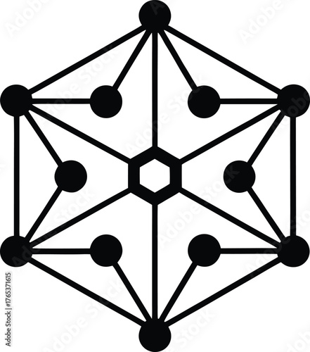 Vector art of abstract geometric pattern with interconnected nodes and a central hexagon