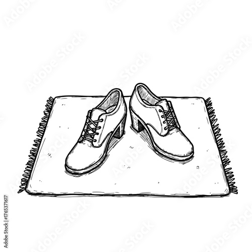 Stylish shoes on a cozy rug, monochrome sketch design
