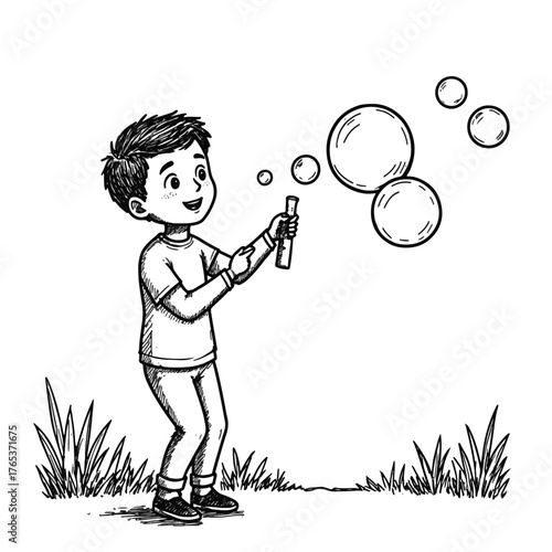 Joyful boy chasing soap bubbles in garden, playful innocence