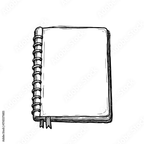 Closed sketchbook with ribbon on white background, creative inspiration