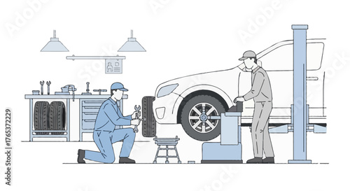 Flat vector illustration of faceless mechanics changing car tires in a workshop, one worker using wrench, another checking wheel balance
