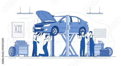 Flat vector illustration of faceless mechanics working together in an auto repair workshop, car lifted on hydraulic platform, multiple workers fixing and checking vehicle parts