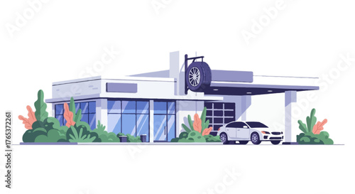 Modern flat vector of car service station exterior, parked vehicle, plants around building